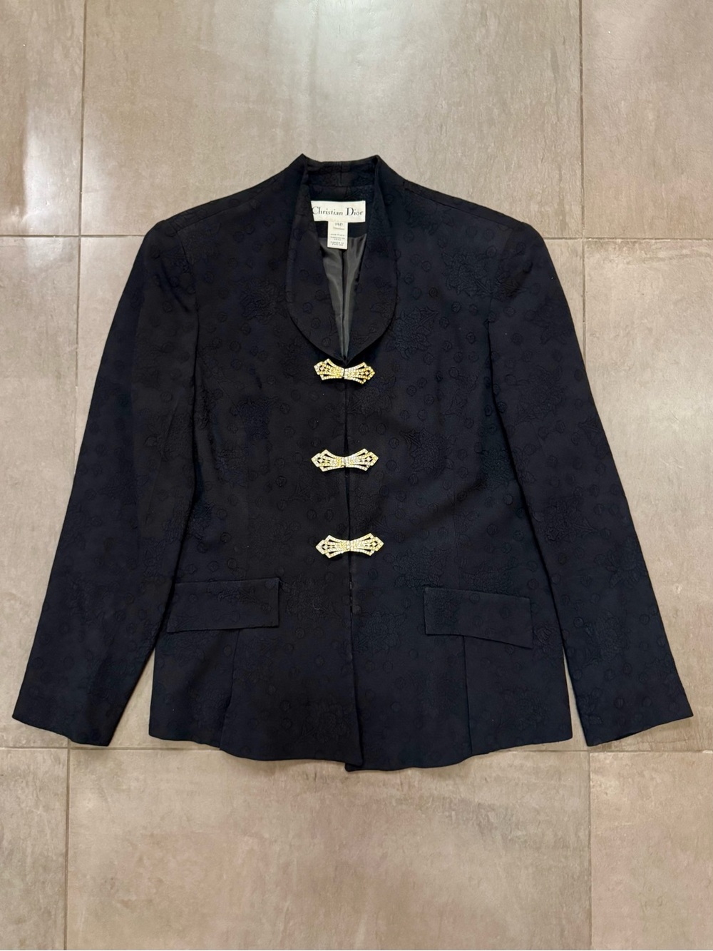 Vintage Christian Dior Black Floral Jacquard Blazer with Jeweled Bow Clasps